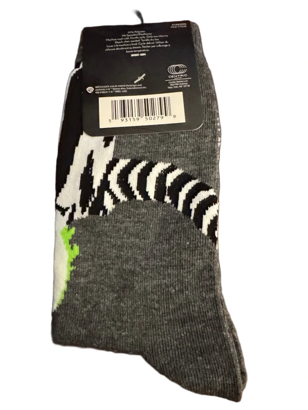 Beetlejuice Grey Crew Socks with Neon Green Logo Unisex Shoe Size 6-12